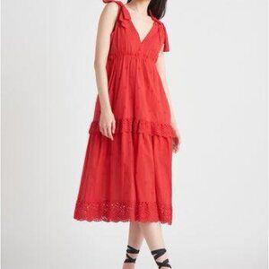 NWT De 3L De Tied Strap Eyelet Midi Dress in Fiery Red 22 24 L 3